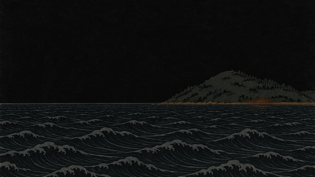 같은 지평선의 밤. 하늘에 별도 달도 없이 깜깜하다. 진흙 자리만 아주 희미하다.