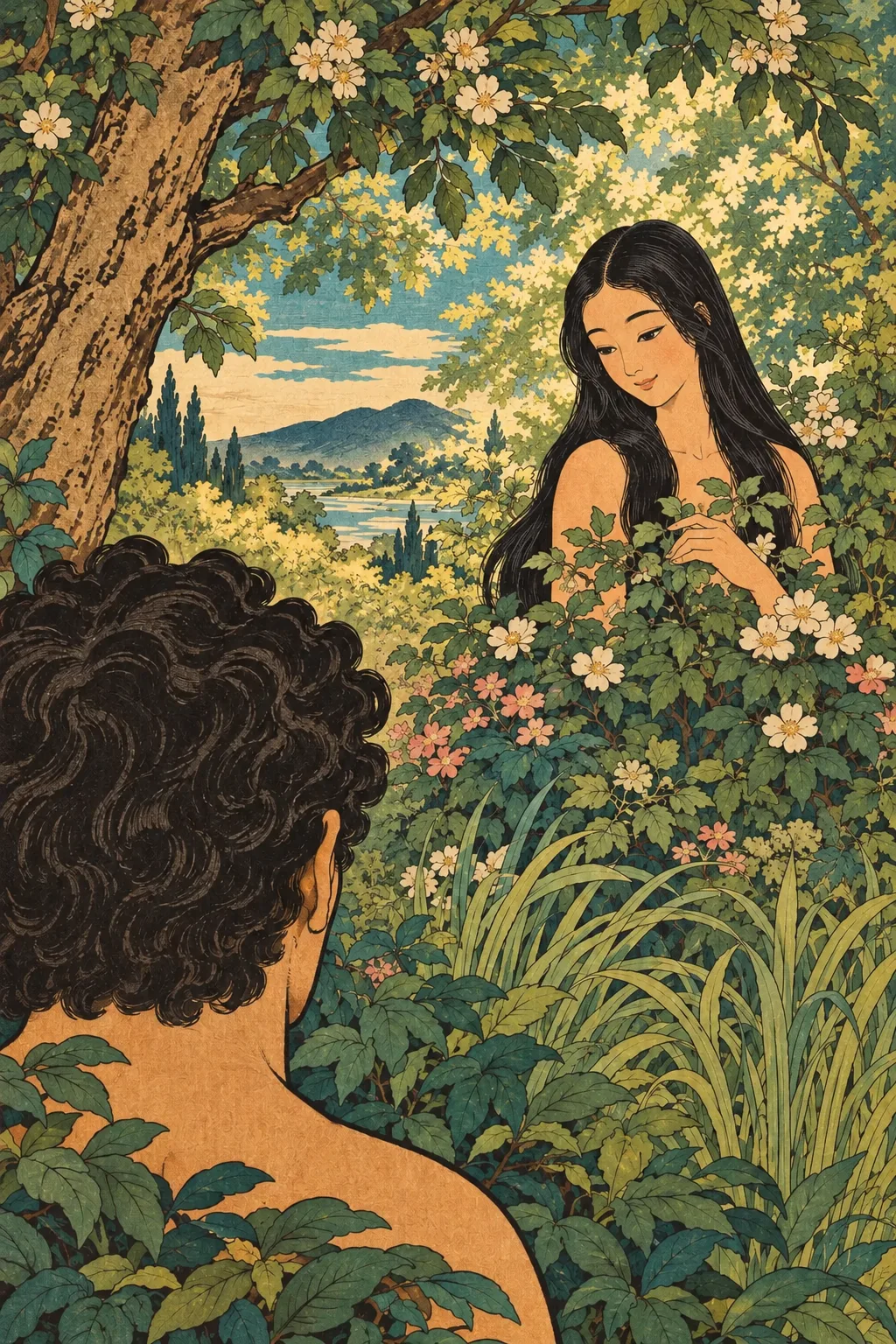 아담의 어깨 너머, 빛 속에 선 여자. 긴 머리와 나뭇잎이 몸을 가린다.