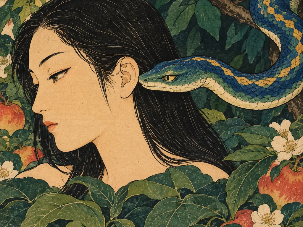 하와의 귀 곁에서 속삭이는 뱀의 머리.