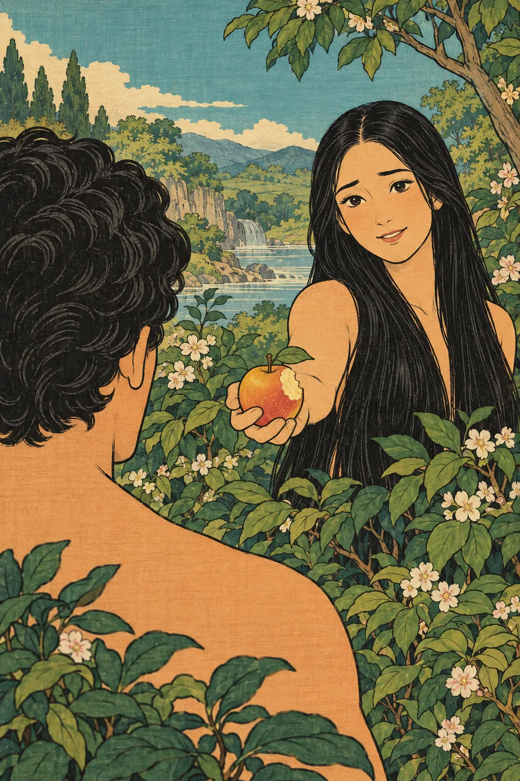 아담의 어깨 너머, 하와가 돌아서 열매를 내민다.