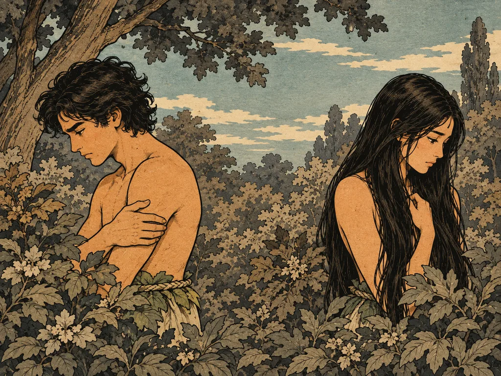 잎 치마를 두른 두 사람이 서로 눈을 피한다.