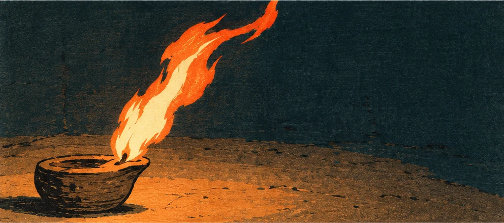 바람도 없는데 등잔 불꽃이 크게 흔들린다.