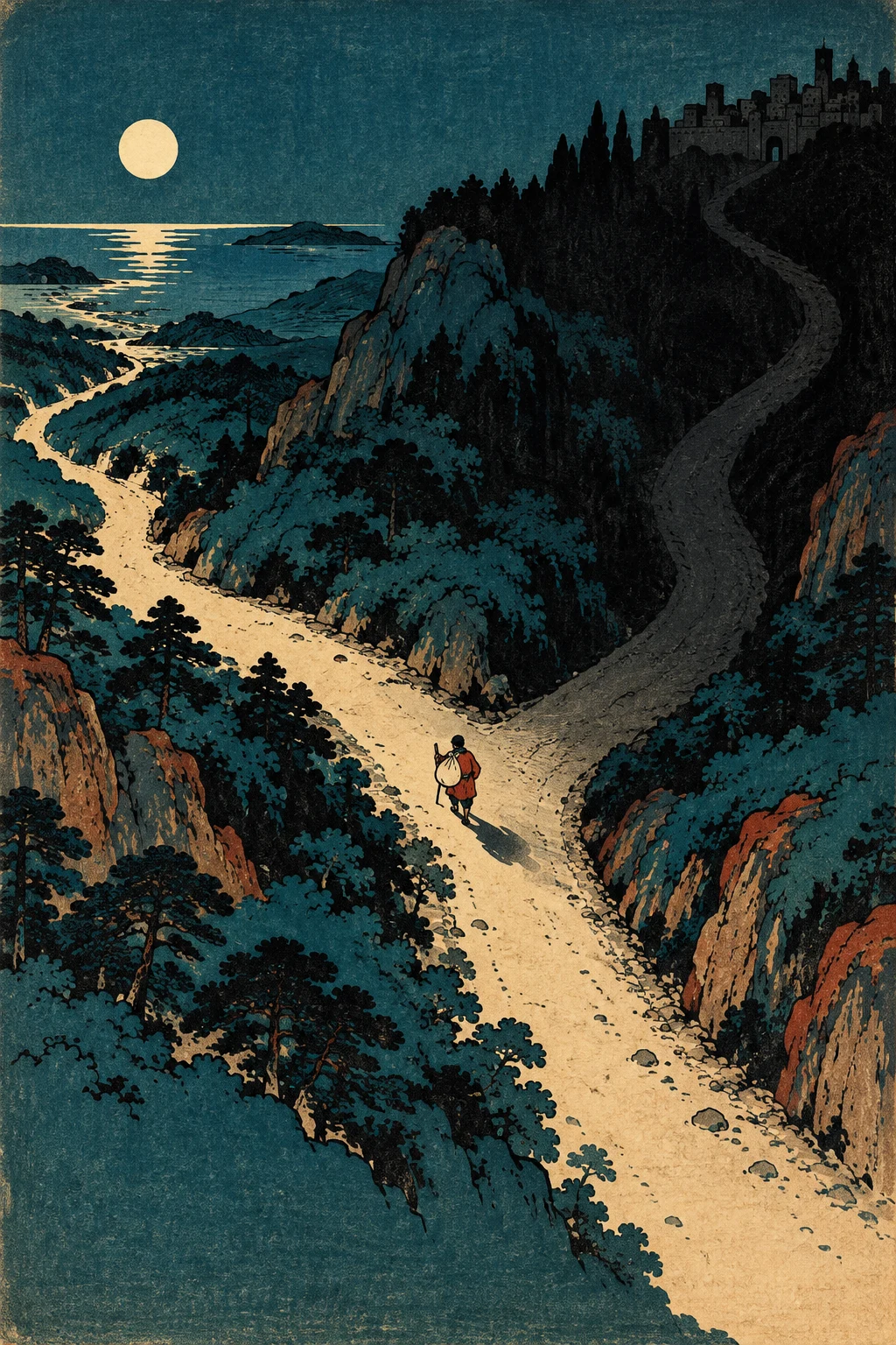 달빛 아래 갈림길을 위에서 본 지도 같은 그림. 동쪽 니느웨 길은 어둠에 잠기고, 서쪽 바다 길에만 달빛이 비친다. 작은 요나가 서쪽으로 간다.