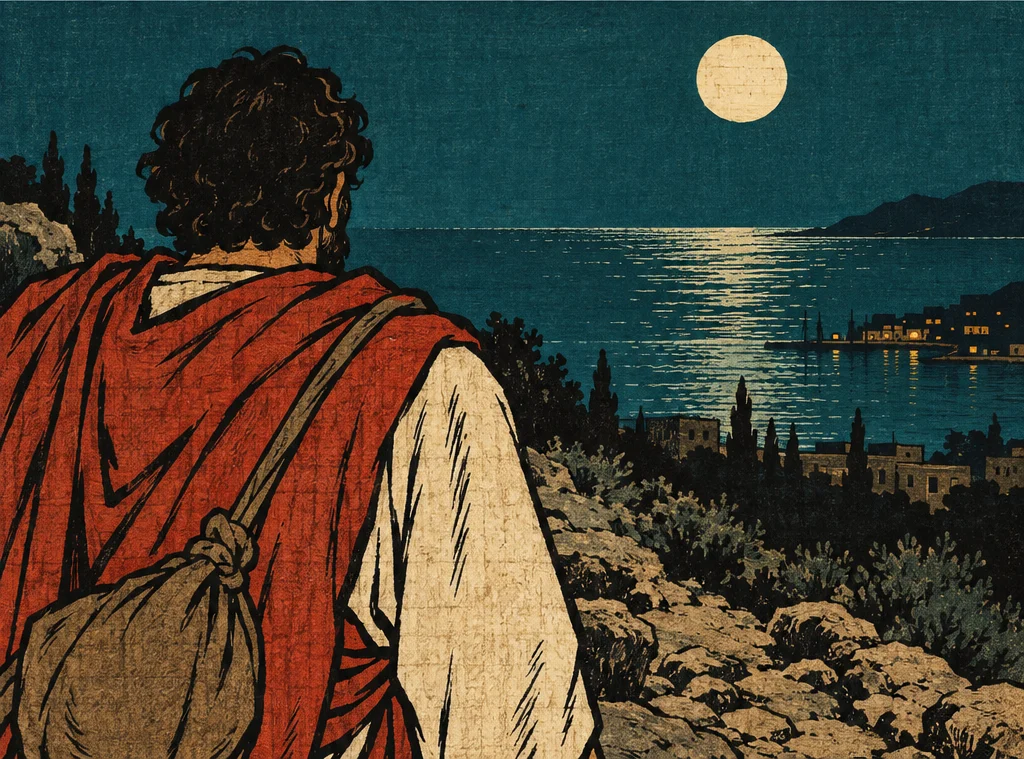달빛 언덕 위, 요나의 어깨 너머로 저 아래 서쪽 바다가 처음 보인다. 요나가 숨을 고른다.