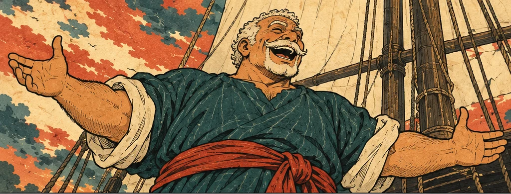 큰 덩치에 흰 콧수염의 선장이 호탕하게 웃는다. 아래에서 올려다본 구도.