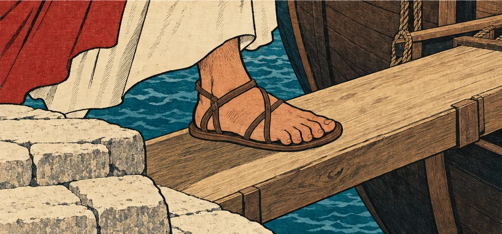 배와 부두를 잇는 건널판을 밟는 요나의 샌들 발. 뒤로 육지가 보인다.