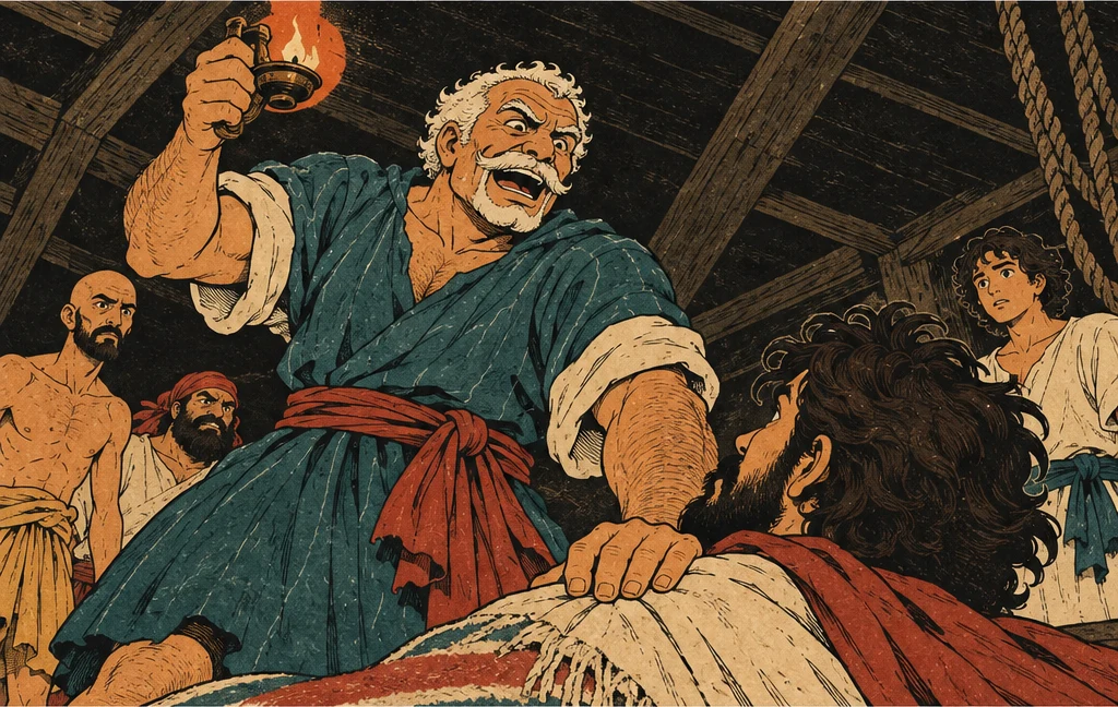 아래에서 올려다본 선장. 등불을 들고 요나의 어깨를 움켜쥐며 말한다.