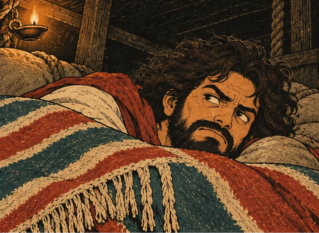 담요를 덮고 누운 요나의 눈. 간절한 선장의 얼굴에서 눈을 돌려 어두운 벽 쪽을 본다. 두 손은 담요 밑에서 모으지 않는다.