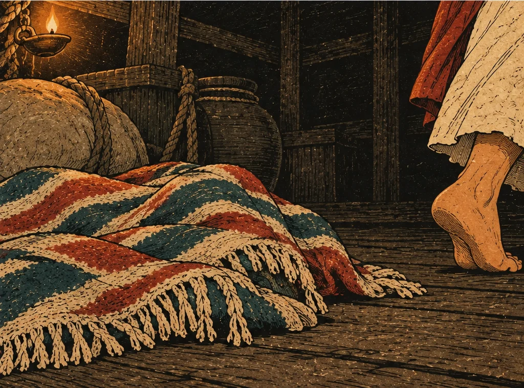 요나가 몸을 일으키자 줄무늬 담요가 어깨에서 미끄러져 배 밑층 바닥에 떨어진다.