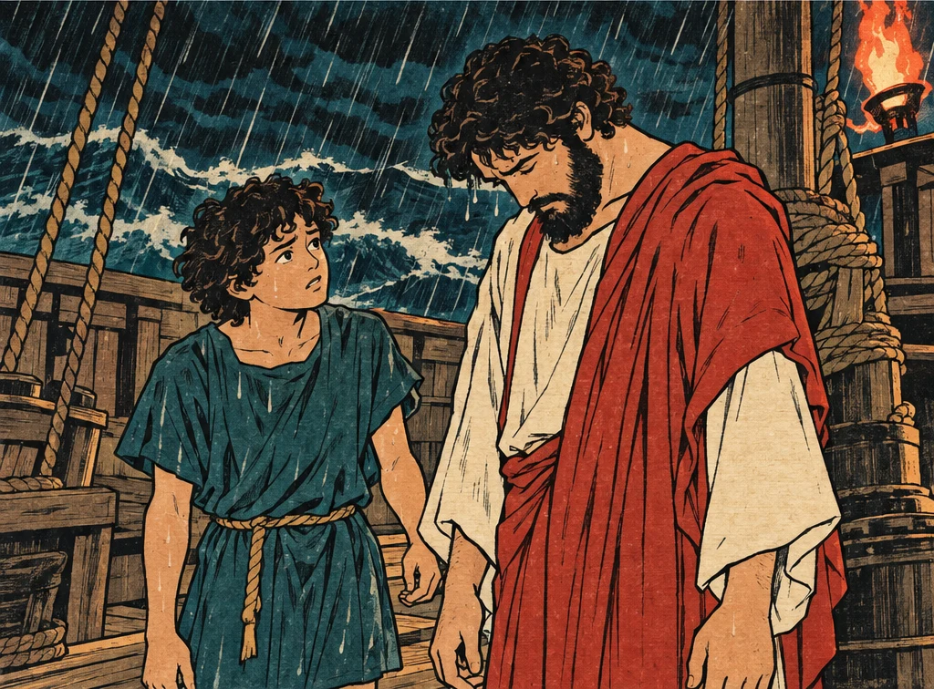 고개를 숙인 요나와, 그 곁에서 요나를 올려다보는 소년. 요나는 속으로 중얼거린다.