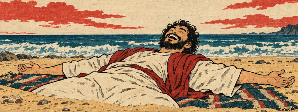 요나가 모래 위에 대자로 누워 하늘을 보며 웃음을 터뜨린다.