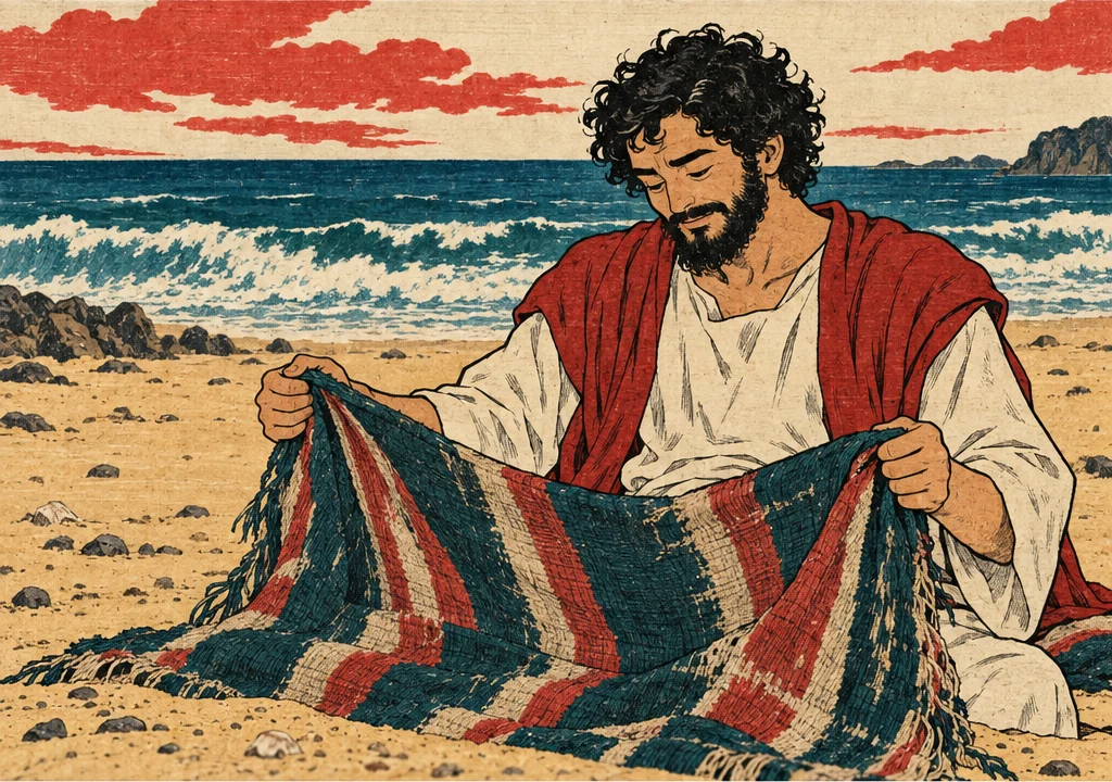 모래 위에 앉은 요나가 젖은 담요를 두 손에 펼쳐 들고 말없이 내려다본다.