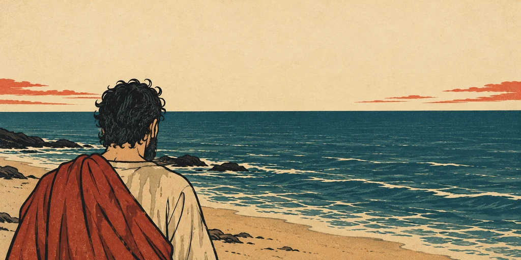 요나의 어깨 너머로 서쪽 바다가 펼쳐진다. 1화에 도망쳤던 그 바다를 바라보며 망설인다.