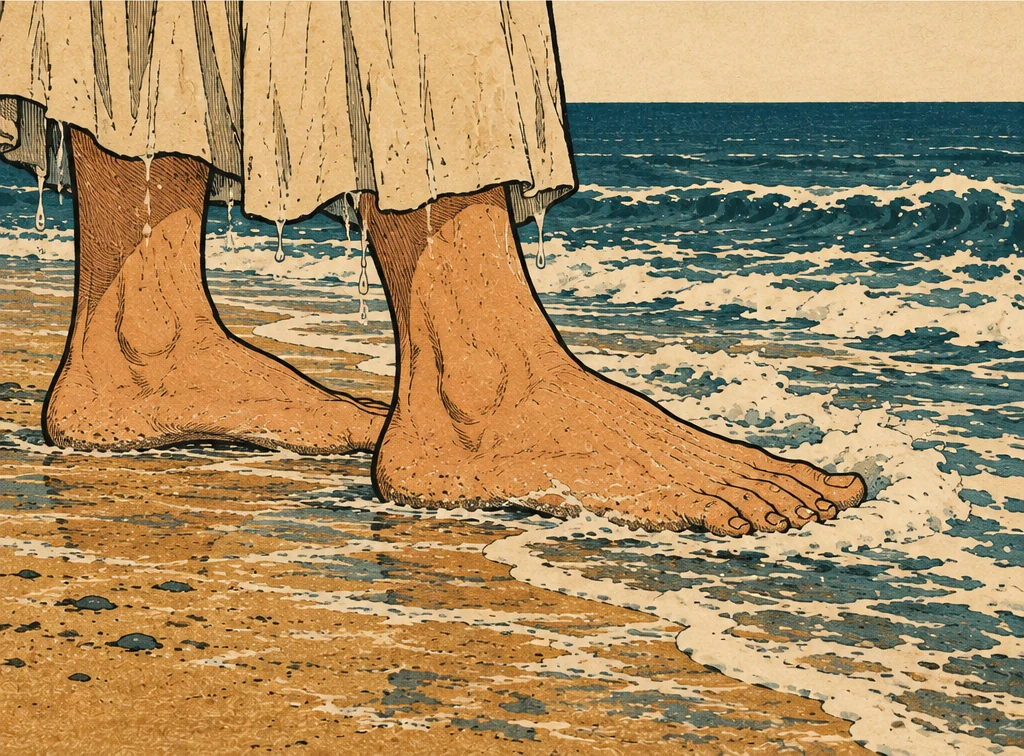 요나의 두 발 위로 물결이 밀려왔다가 서쪽 바다 쪽으로 쓸려 나간다.