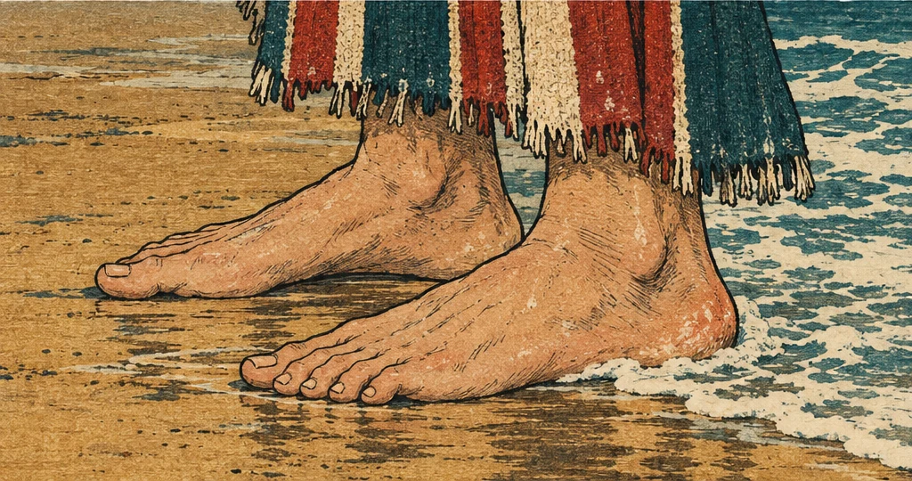 모래에 앉은 요나의 두 발이 물에서 거두어져 천천히 돌려진다. 발끝이 바다를 등지고 동쪽을 향한다.