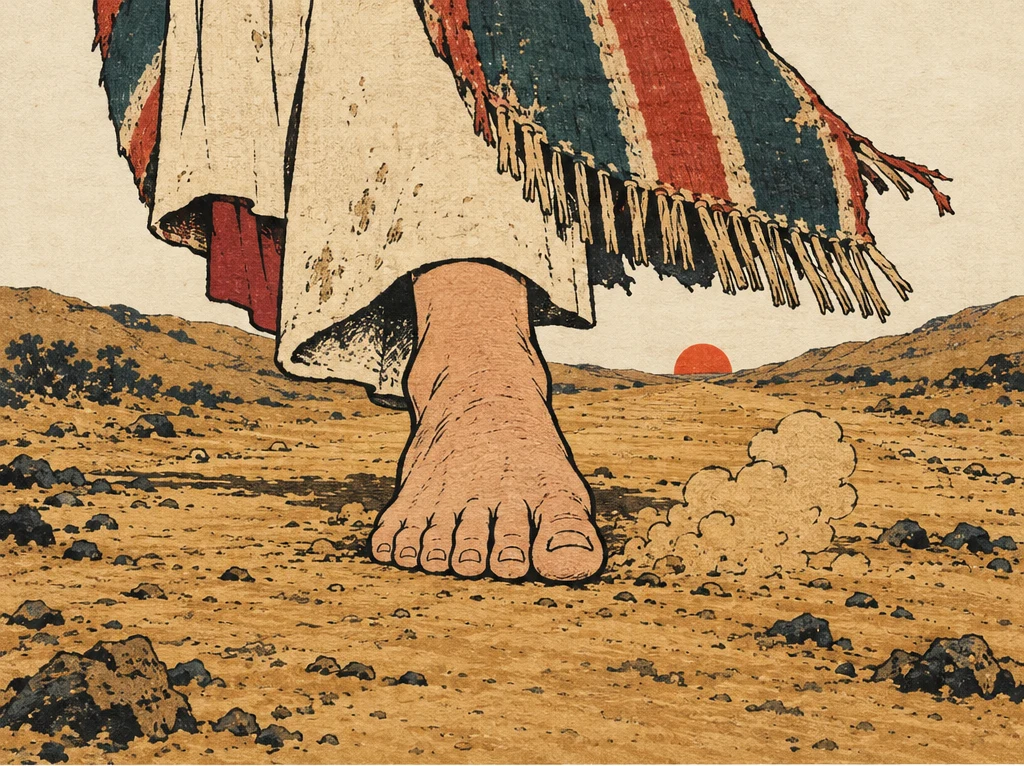 먼지 이는 황토 길을 딛는 요나의 발. 담요 술이 걸음마다 흔들린다.