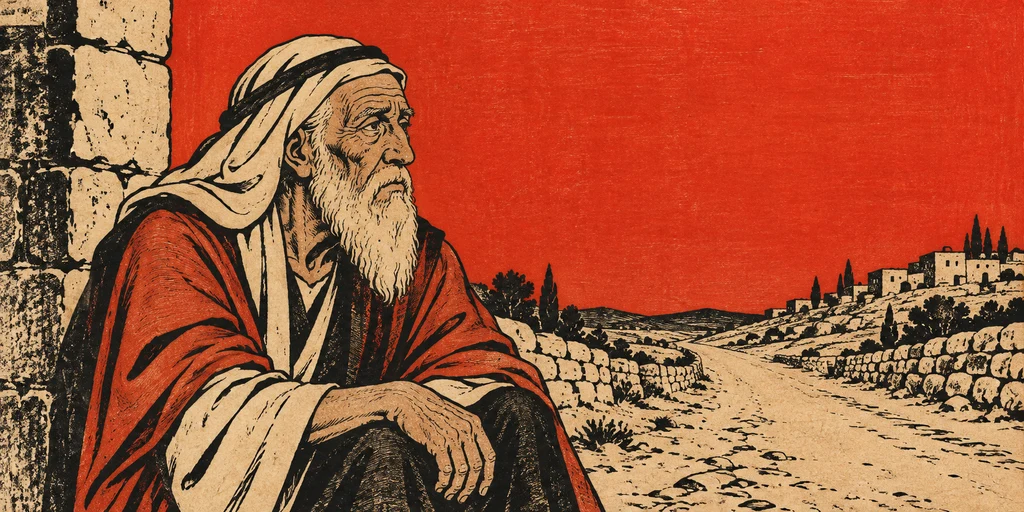 주홍 단색의 기억. 1화의 그 고향 노인이 마을 문간에 앉아 동쪽 길만 바라본다.