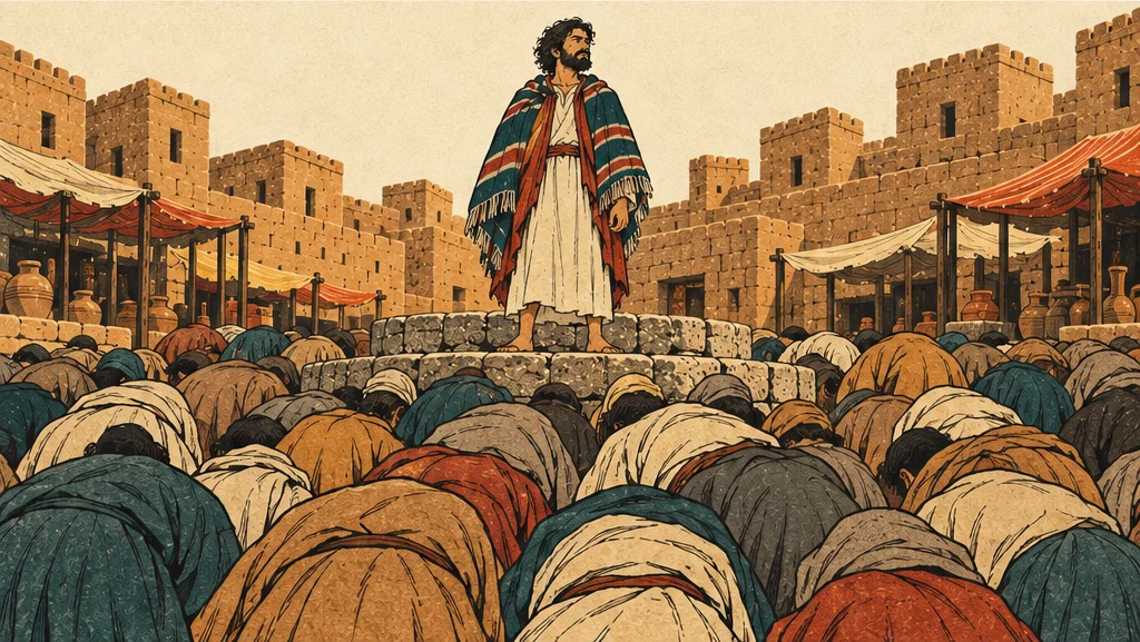 정오의 광장, 사람들이 모두 무릎을 꿇은 가운데 우물 돌단 앞에 요나 혼자만 서 있다.