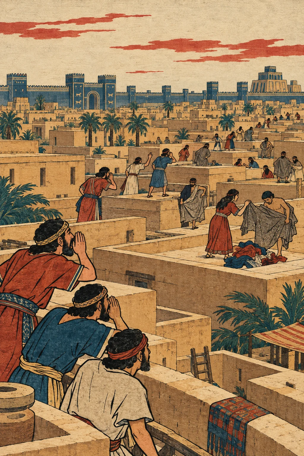 눈높이에서 멀리 본 니느웨. 지붕에서 지붕으로 사람들이 소리쳐 소식이 번져 나가고, 곳곳에서 사람들이 베옷을 걸친다.