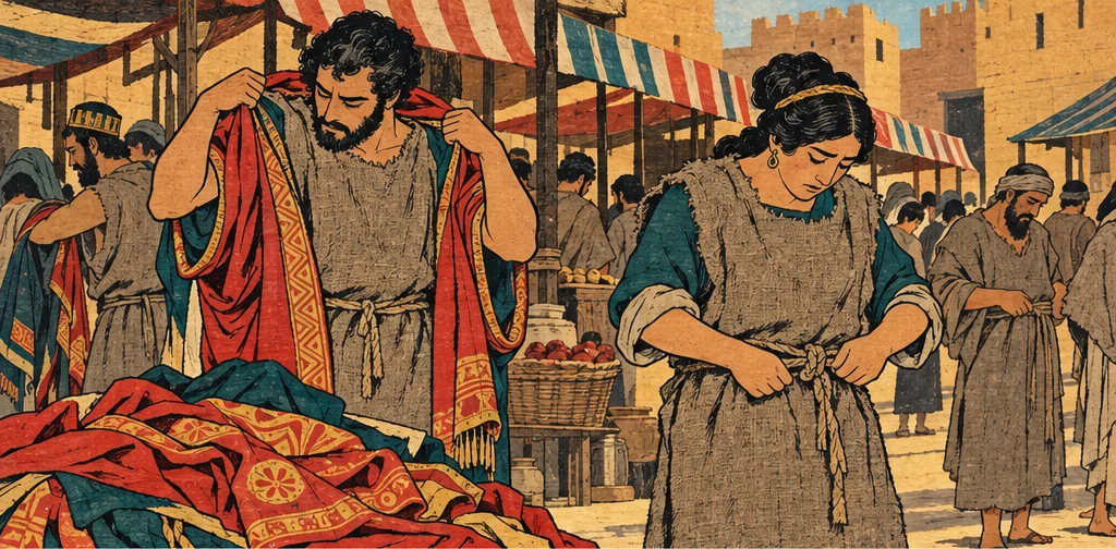 시장 한복판, 사람들이 화려한 비단옷을 벗어 던지고 거친 베옷을 입는다.