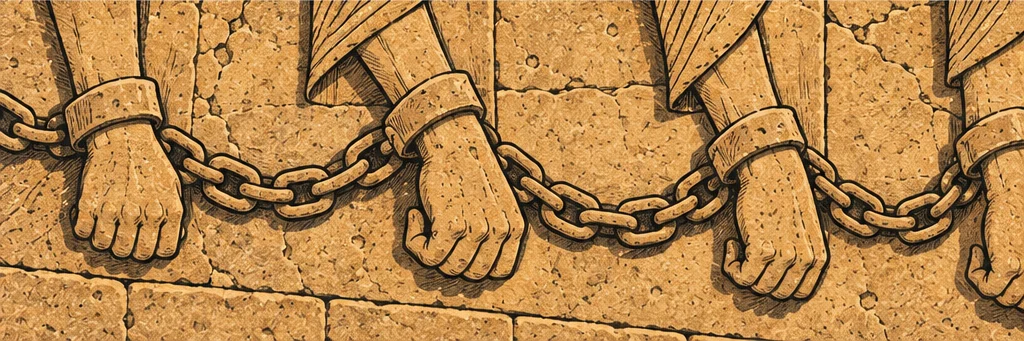 성벽 부조를 가까이. 돌에 새긴 사슬과 묶인 포로들의 손. 멀리서 전령의 외침이 되풀이된다.