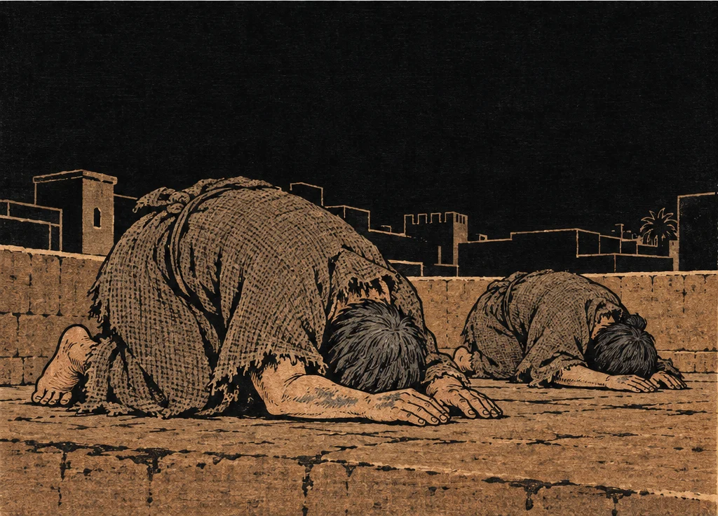 불 꺼진 지붕 위, 엎드린 사람들의 등. 흙지붕에 이마를 댄 채 작은 목소리가 새어 나온다.