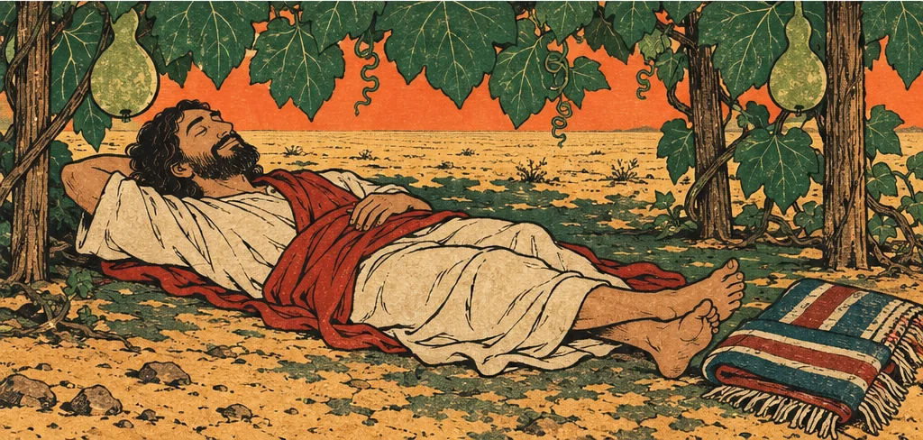 넝쿨 그늘 아래 팔베개를 하고 누운 요나가 눈을 감은 채 편안히 미소 짓는다. 담요는 곁에 개어 두었다.