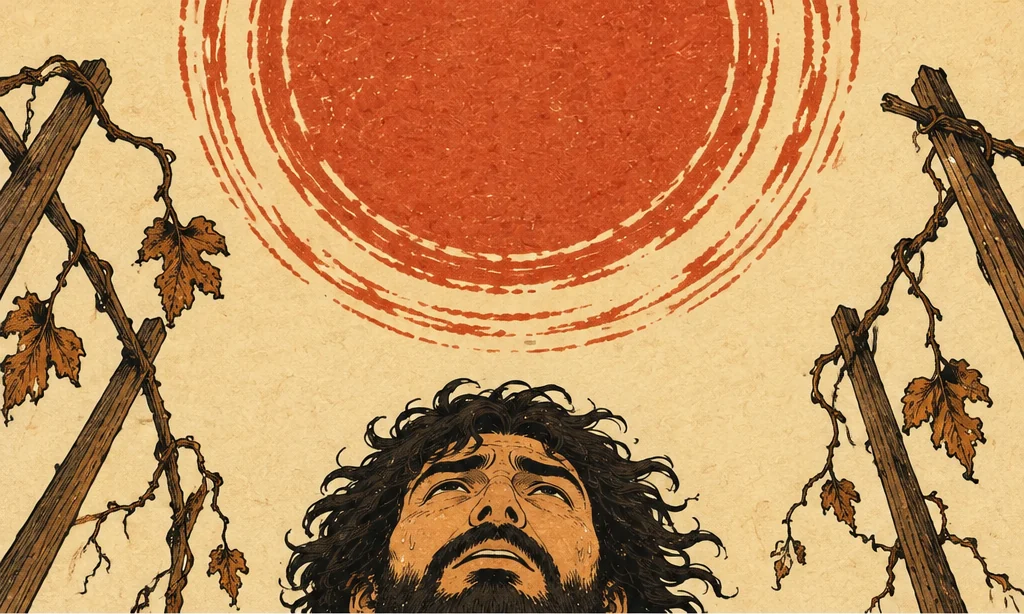 아래에서 올려다본 하늘. 이글거리는 해가 쓰러진 요나의 머리 바로 위에 떠 있다.