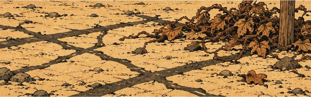 그늘 없는 초막 터. 앙상한 가지 그림자만 땅에 떨어져 있고, 사람은 보이지 않는다.