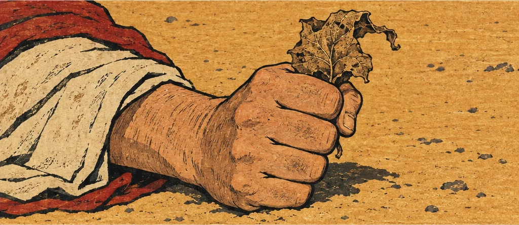 요나가 시든 잎 한 장을 꼭 쥐고 있다.