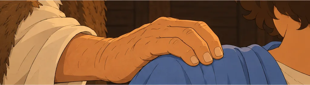 노아의 크고 주름진 손이 야벳의 작은 어깨 위에 조용히 얹힌다.